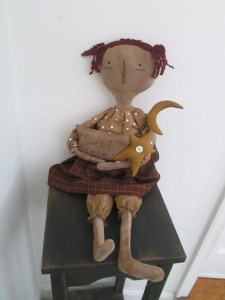 24" Adrianne is made of grubby osnaburg. She holds a moon on a stick, a star and a grubby pillow with "Sweet Dreams" hand-stitched on it. $54.00