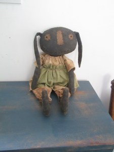 14" Becca Bunny is ready for spring but would love to hang out all year! She is made of painted muslin with osnaburg eyes and nose. $39.00